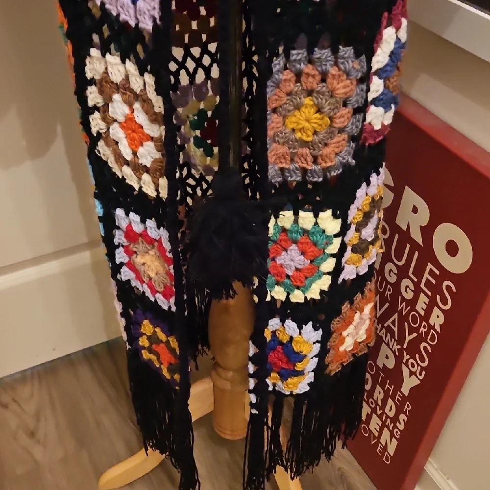 Colorful Crochet Open-Front Long Maxi Hand Crafted Cardigan - Picture 6 of 10